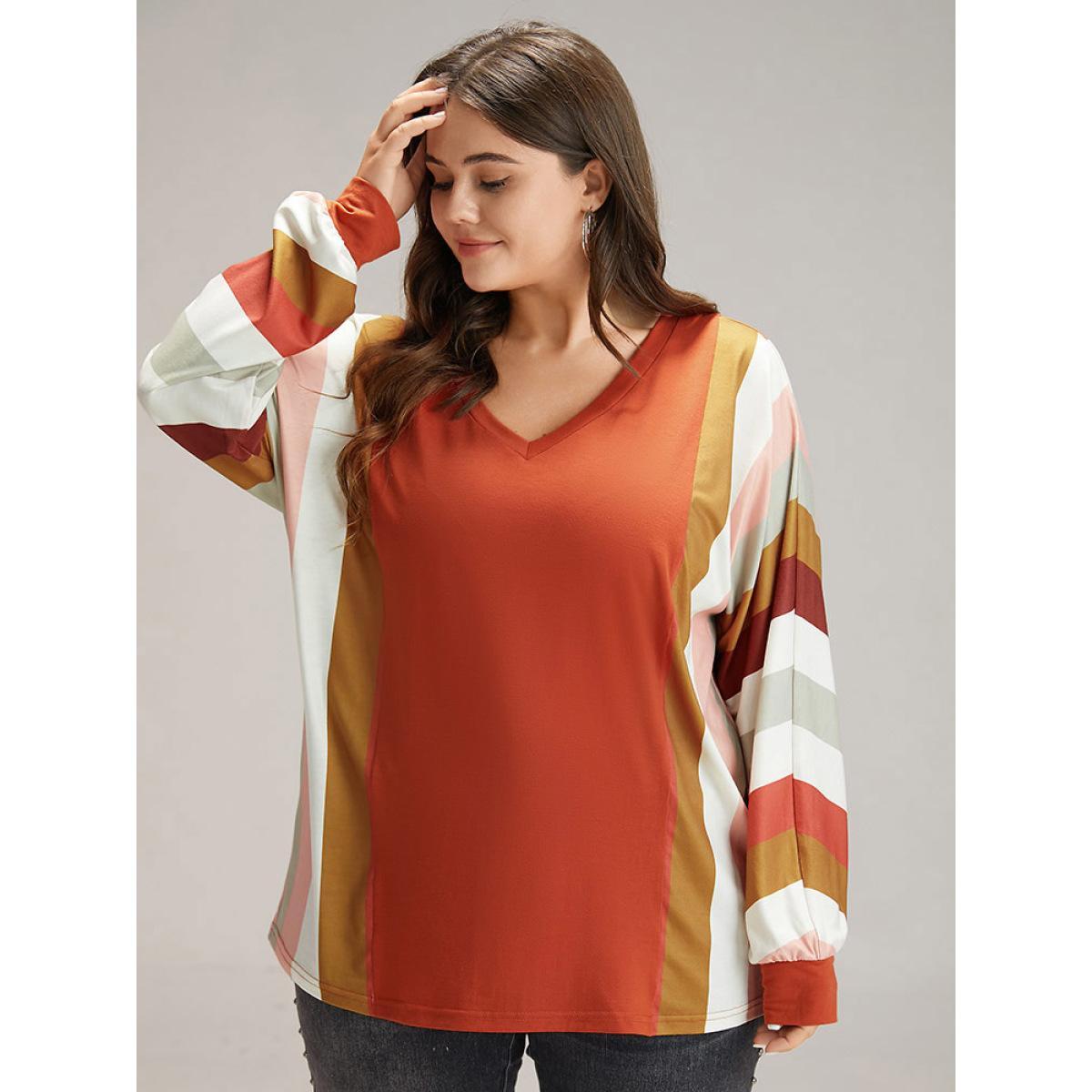 Plus Size Colour Striped V Neck Batwing Sleeve T-shirt Multicolor Women Casual Elastic cuffs Striped V-neck Dailywear T-shirts BloomChic 28/5X Product Image