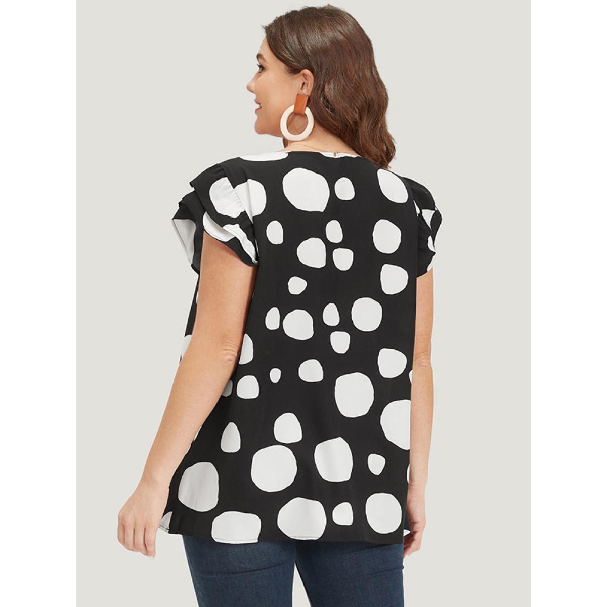 Plus Size Black Polka Dot Flutter Cap Sleeve Tiered Blouse Women Elegant Cap Sleeve Round Neck Dailywear Blouses BloomChic 22-24/3X Product Image