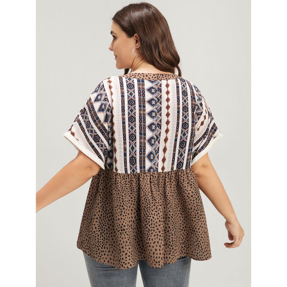 Plus Size DarkBrown Leopard Geometric Contrast Elastic Waist Ties Neck Blouse Women Vacation Short sleeve V-neck Dailywear Blouses BloomChic 14-16/1X Product Image