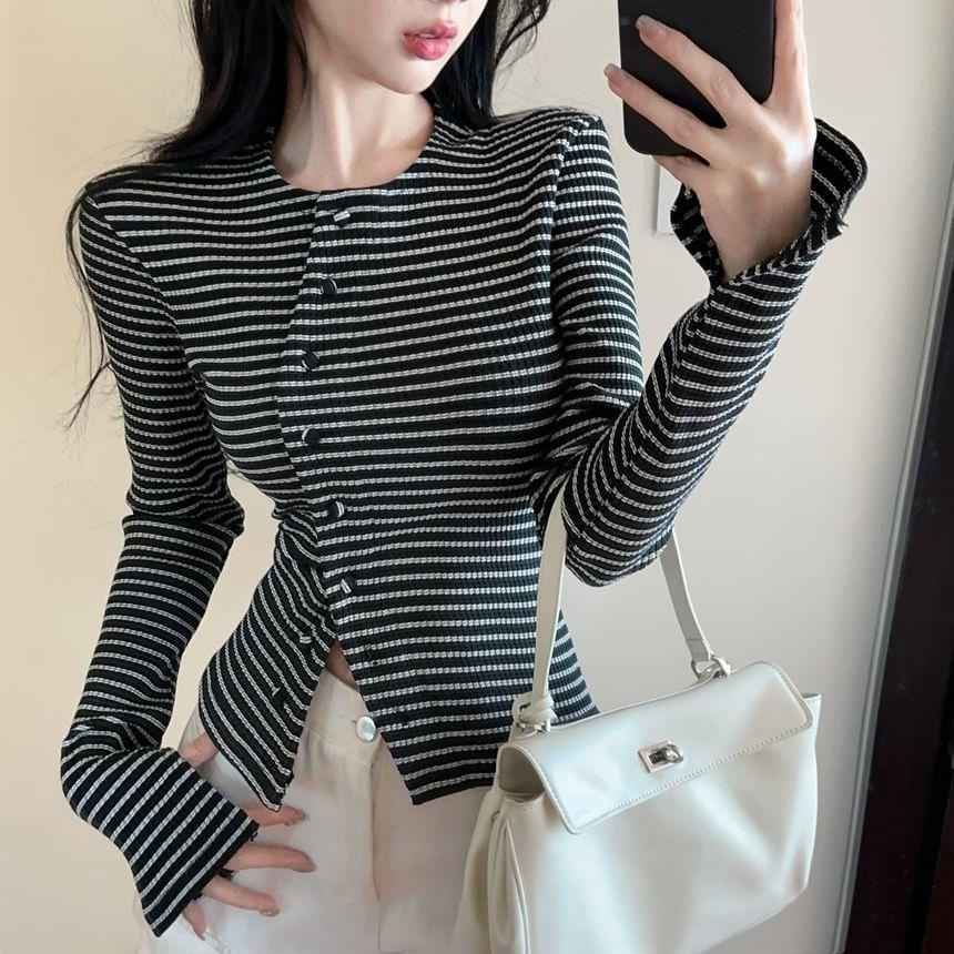 Long-Sleeve Round Neck Striped Button Knit Top Product Image