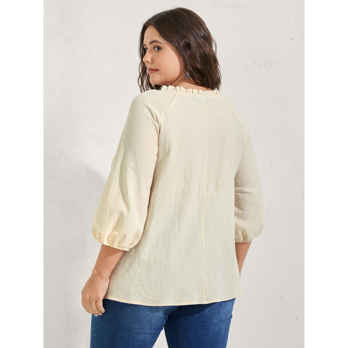 Plus Size Ivory Cotton Lace Embroidered Shirred Neck-Tie Blouse Women Elbow-length sleeve Flat collar with V-notch Vacation Blouses BloomChic 12/L Product Image