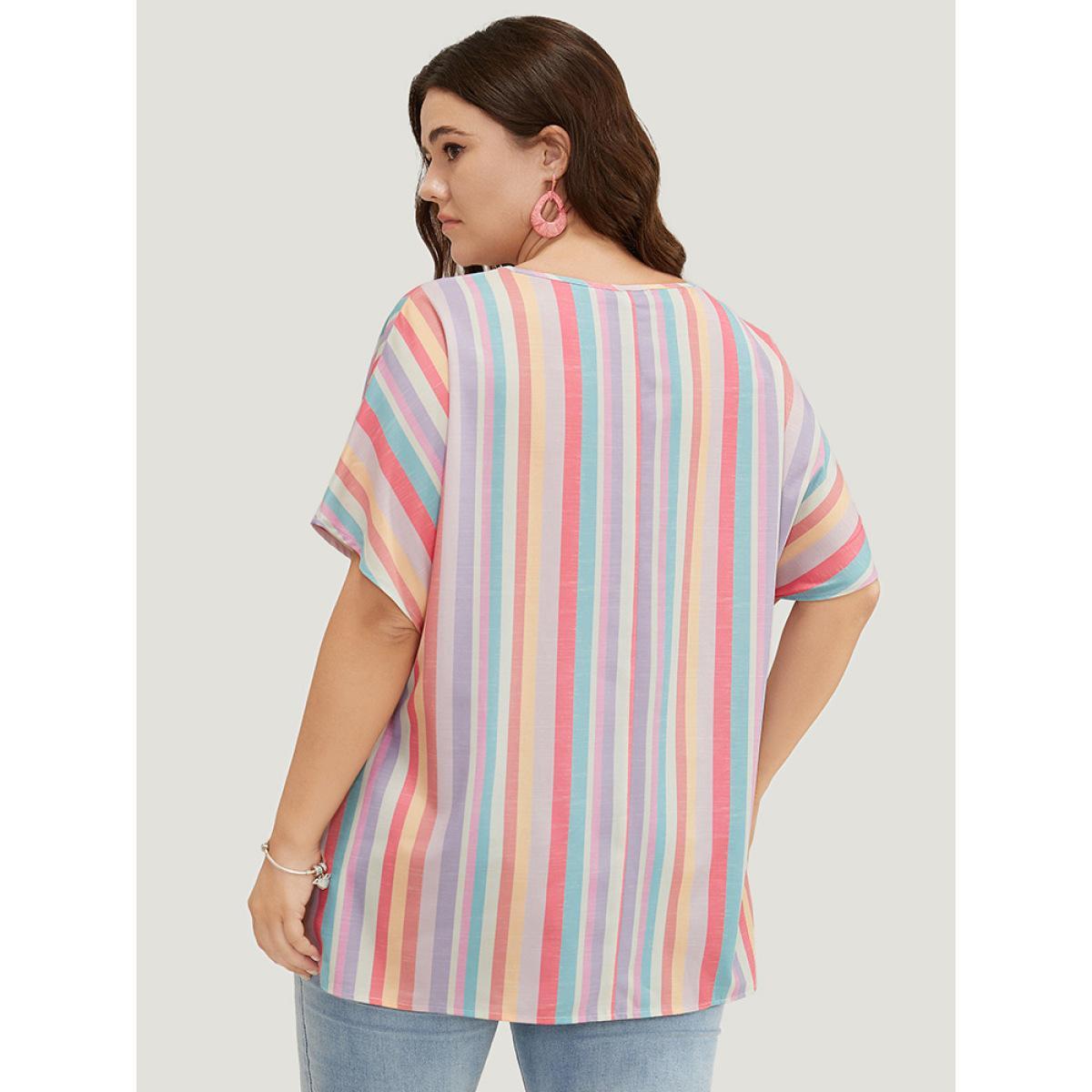 Plus Size Multicolor Rainbow Striped Batwing Sleeve Contrast Asymmetrical Hem Blouse Women Vacation Short sleeve V-neck Dailywear Blouses BloomChic 22-24/3X Product Image