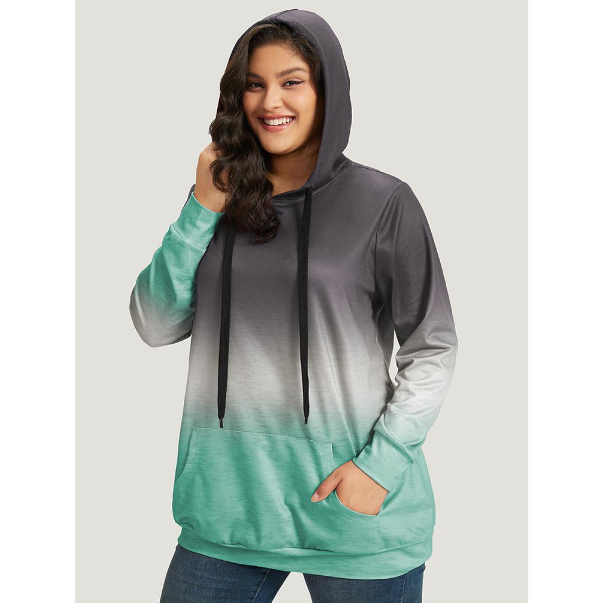 Plus Size Ombre Pocket Drawstring Hooded Sweatshirt Women Gray Casual Elastic cuffs Hooded Everyday Sweatshirts BloomChic 10/M Product Image