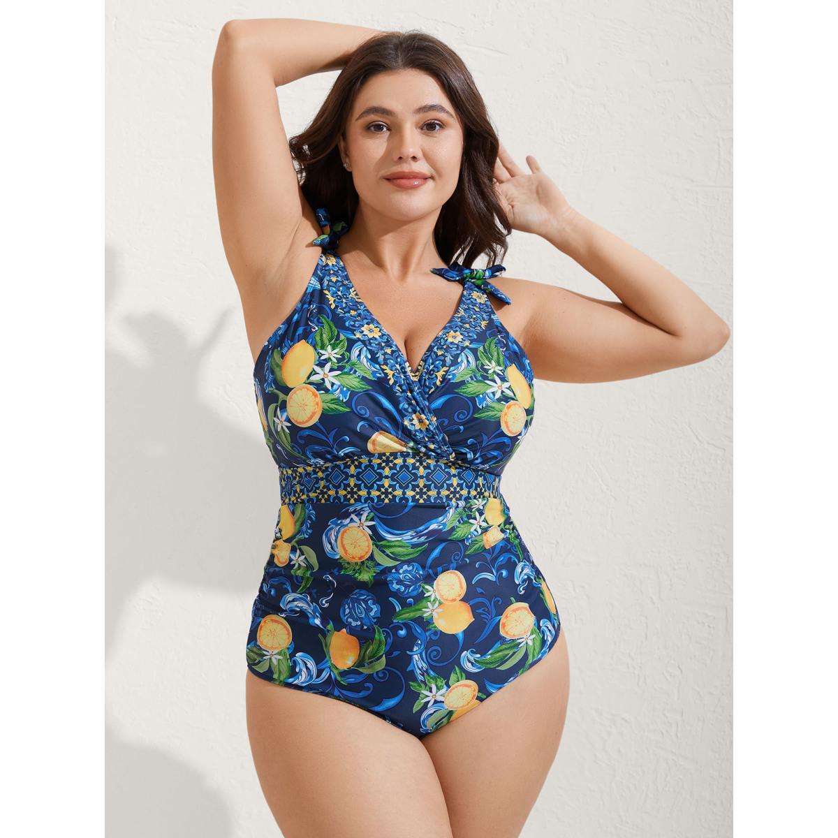 Plus Size Two-Piece Citrus Print Sarong Swimsuit Women's Swimwear Indigo Beach Tie knot Curve Bathing Suits High stretch One Pieces BloomChic 12/L Product Image