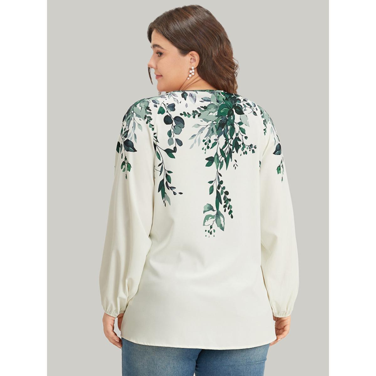 Plus Size DimGray Plants Print Lantern Sleeve Button Detail Blouse Women Vacation Long Sleeve V-neck Dailywear Blouses BloomChic 28/5X Product Image