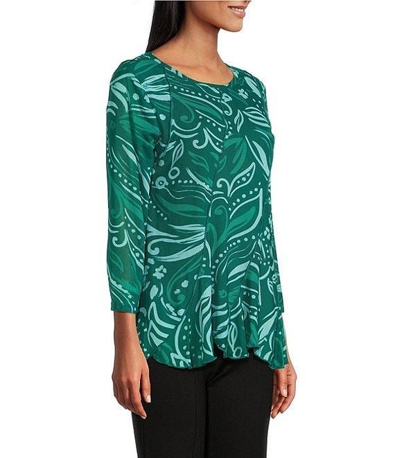 Slim Factor by Investments Paisley Print Crew Neck Long Sleeve Ruffled Hem Lined Top Product Image