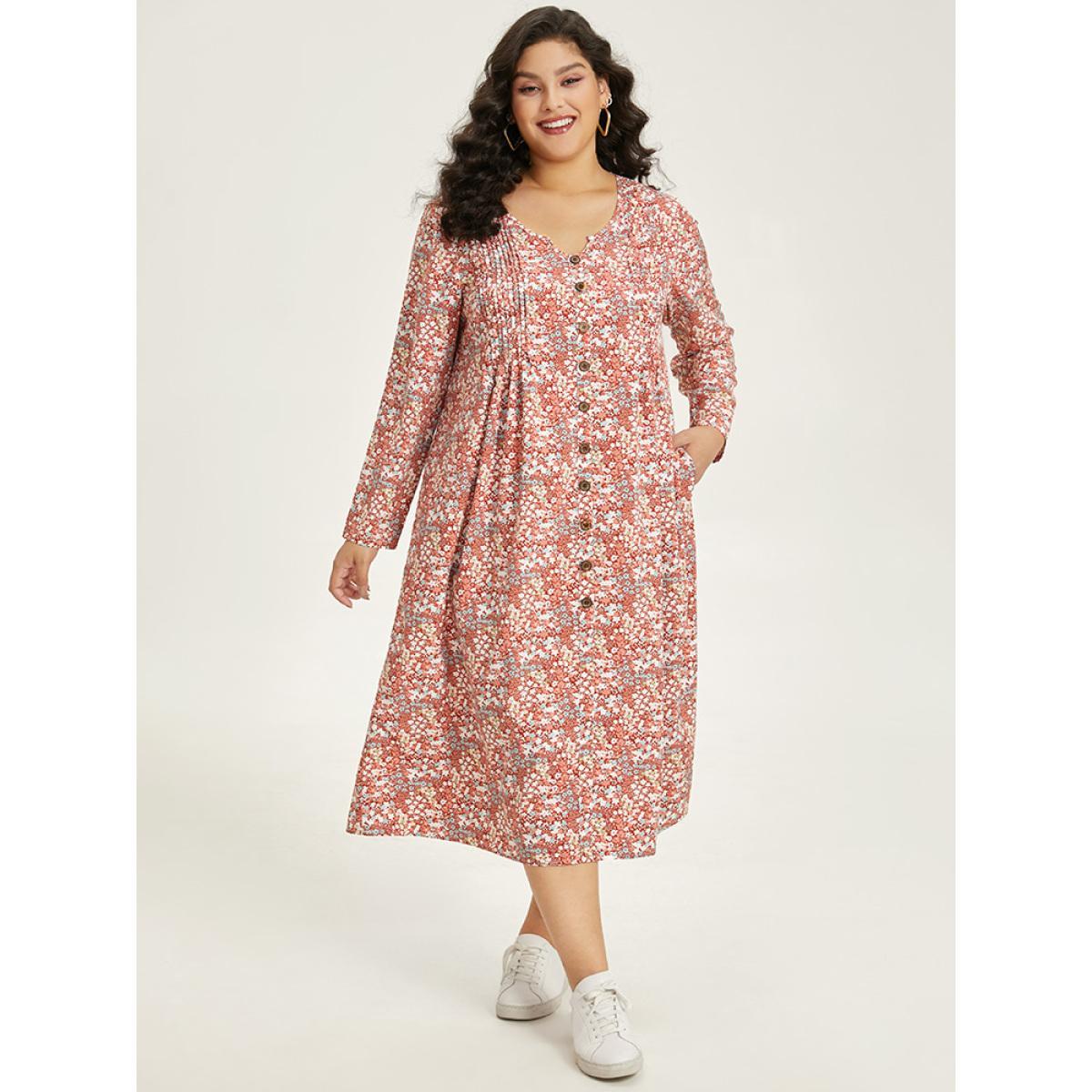 Plus Size Ditsy Floral Notched Pocket Button Detail Dress Russet Women Casual Printed Notched collar Long Sleeve Curvy Midi Dress BloomChic 22-24/3X Product Image