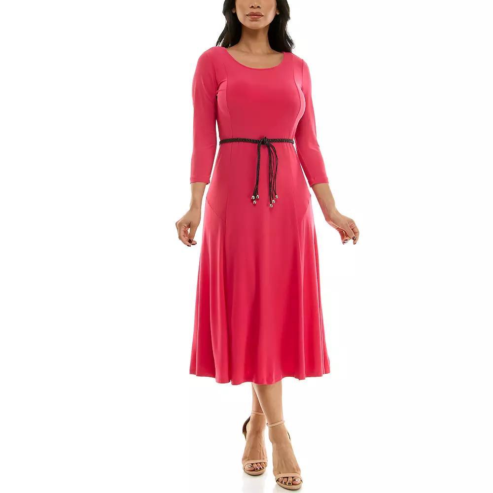Women's Nina Leonard Sylvia Three-Quarter Sleeve Belted Midi Dress, Size: Large, Strawberry Jam Product Image
