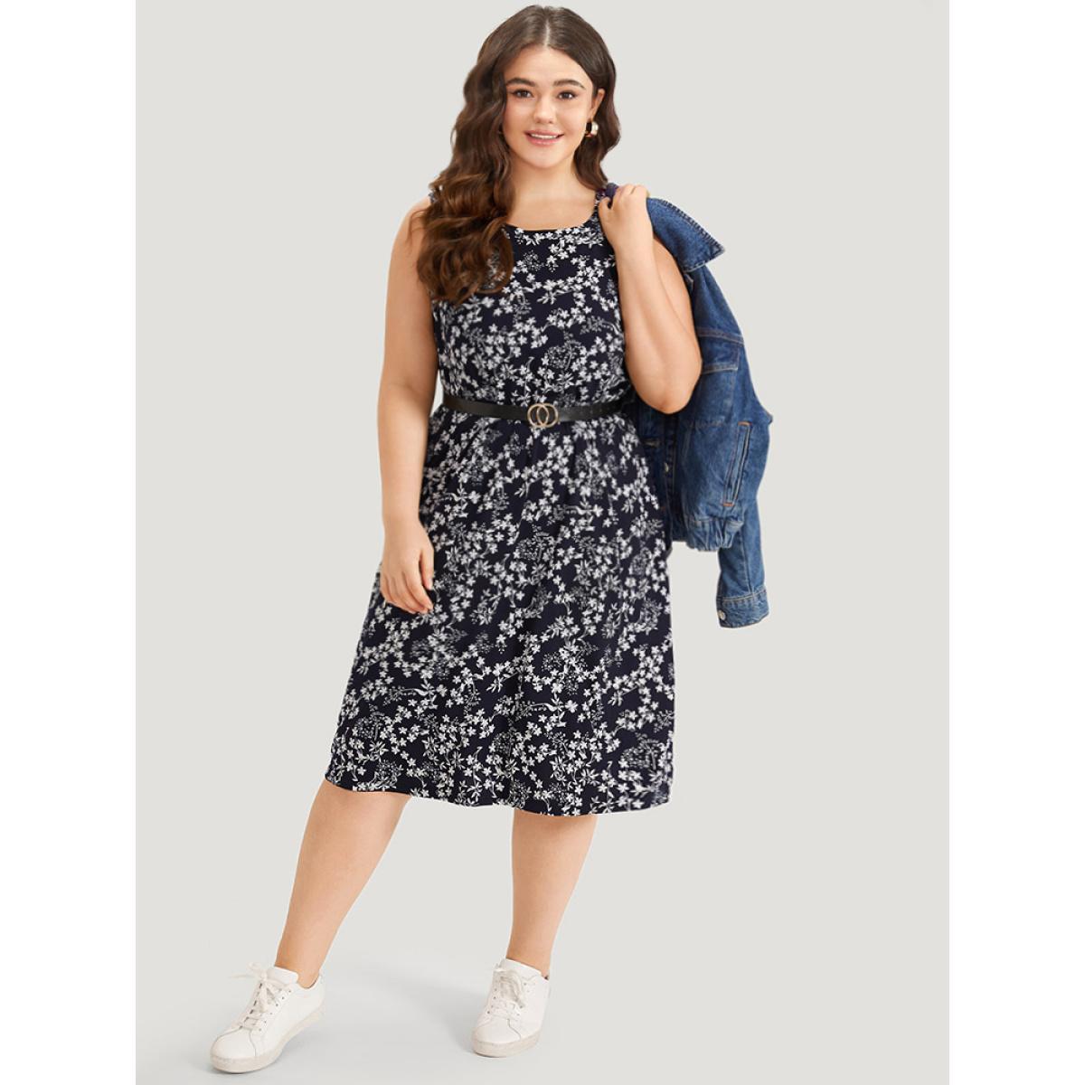 Plus Size Ditsy Floral Pocket Crew Neck Tank Dress Navy Women Casual Printed Round Neck Sleeveless Curvy Midi Dress BloomChic 12/L Product Image