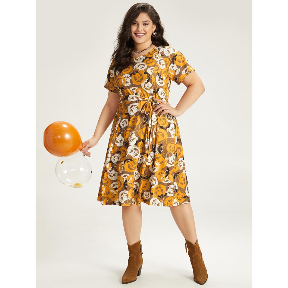 Plus Size Halloween Print Crew Neck Pocket Belted Dress Orange Women Elegant Belted Round Neck Short sleeve Curvy Midi Dress BloomChic 28/5X Product Image