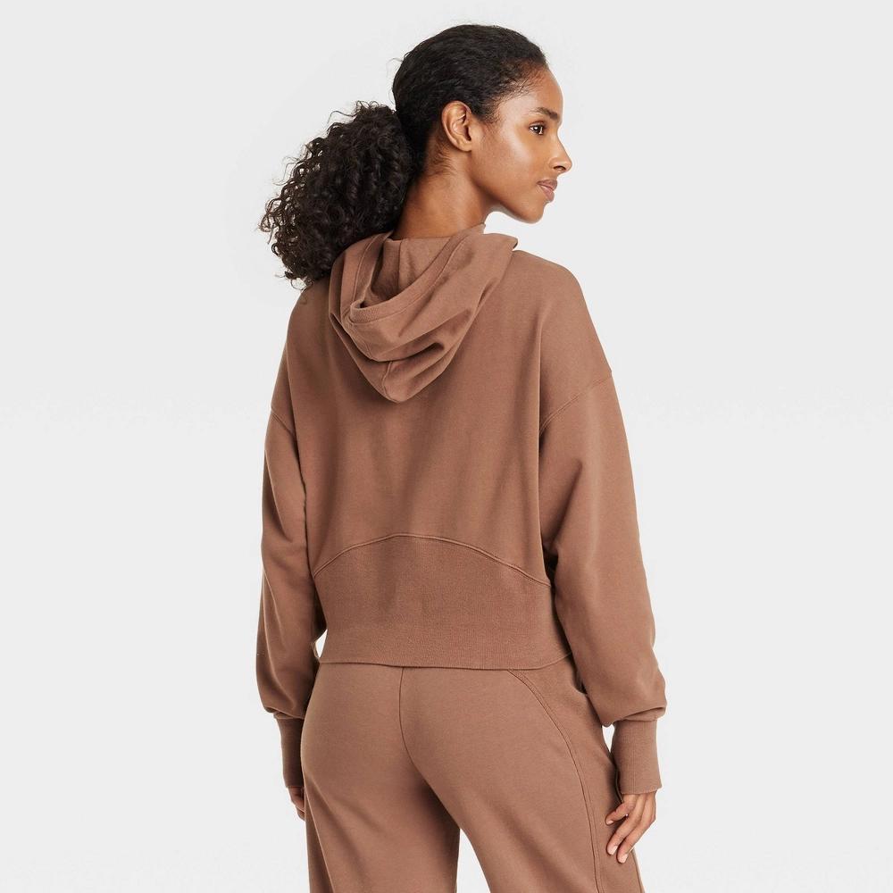Womens French Terry 1/2 Zip Hooded Pullover Sweatshirt - JoyLab Brown XS Product Image