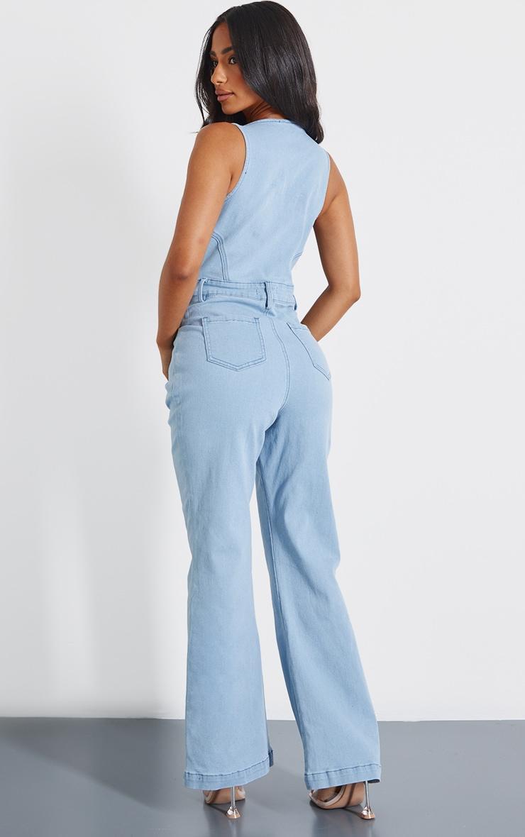 Petite Light Blue Wash Sleeveless Cut Out Straight Leg Jumpsuit Product Image
