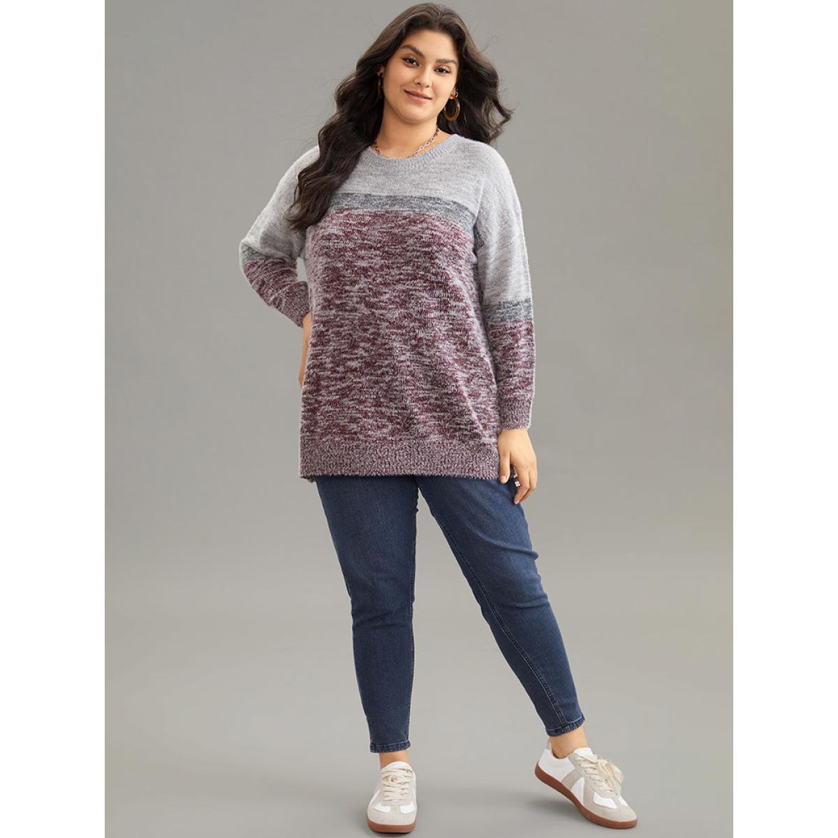 Plus Size Heather Contrast Crew Neck Drop Shoulder Pullover Burgundy Women Casual Loose Long Sleeve Round Neck Dailywear Pullovers BloomChic 22-24/3X Product Image