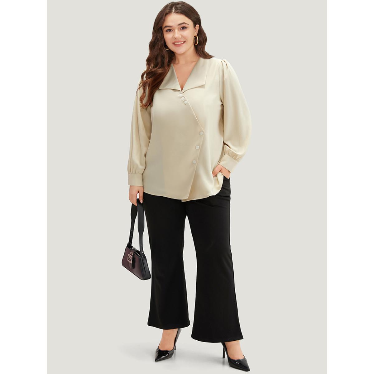 Plus Size Apricot Lapel Collar Asymmetrical Button Up Blouse Women Office Long Sleeve Lapel Collar Work Blouses BloomChic 28/5X Product Image