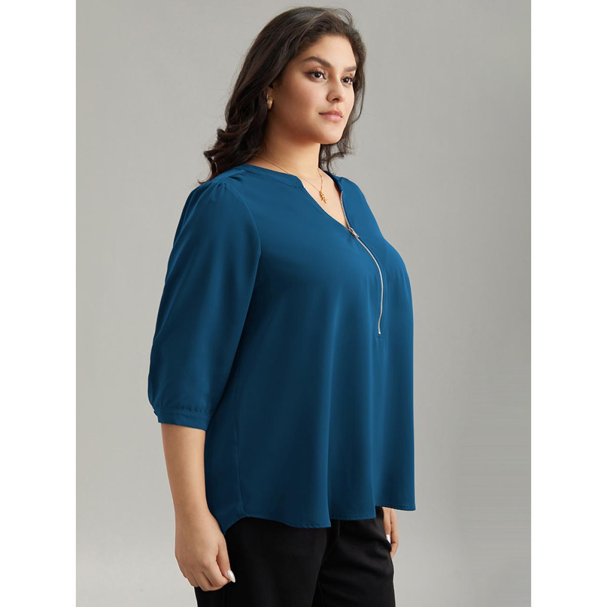 Plus Size Aegean Plain Half Zip Gathered Blouse Women Work From Home Elbow-length sleeve V-neck Work Blouses BloomChic 30/6X Product Image