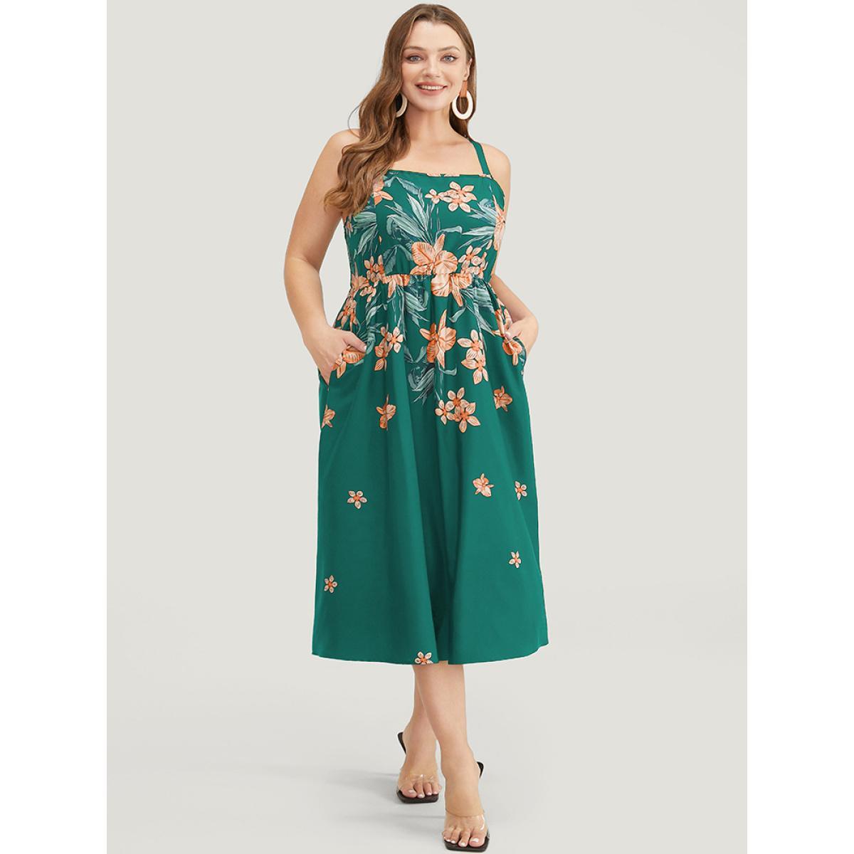 Plus Size Floral Pocket Adjustable Straps Ruffle Hem Cami Dress Green Women Elegant Adjustable Straps Spaghetti Strap Sleeveless Curvy Midi Dress BloomChic 26/4X Product Image