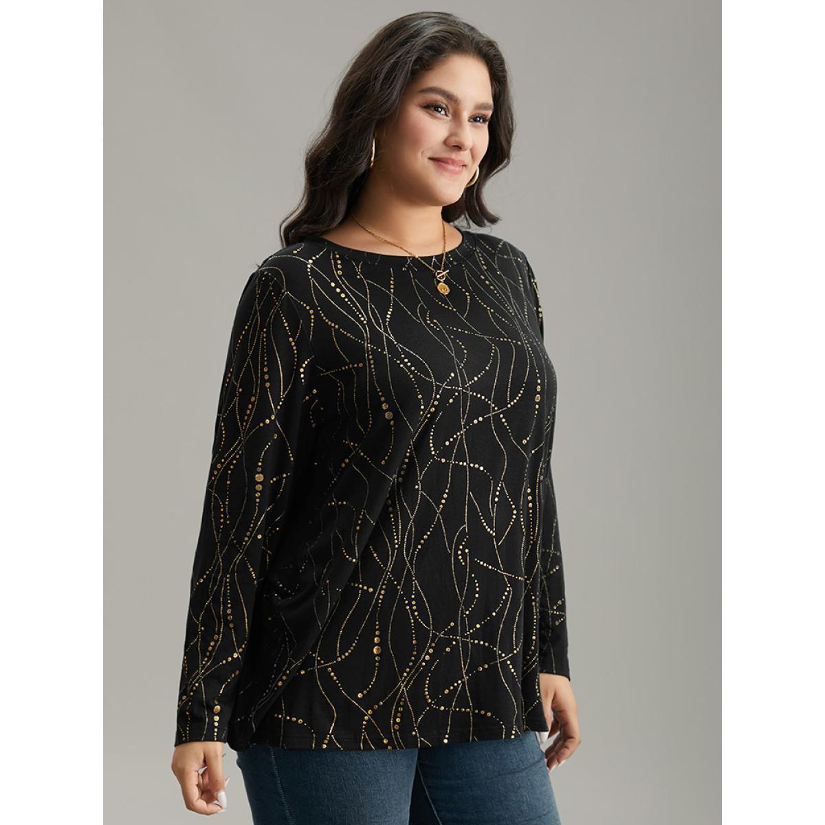 Plus Size Polka Dot Contrast Round Neck T-shirt Black Women Casual Contrast Polka Dot Round Neck Dailywear T-shirts BloomChic 28/5X Product Image