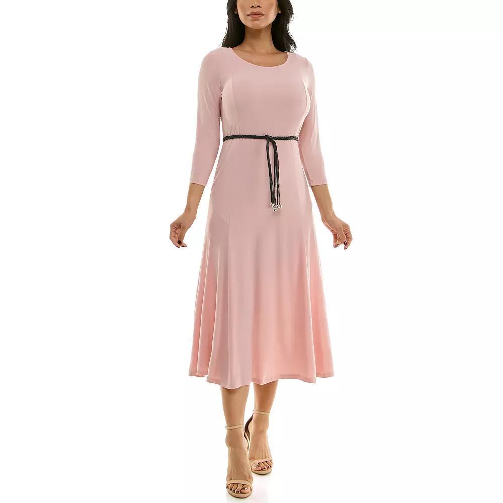 Women's Nina Leonard Sylvia Three-Quarter Sleeve Belted Midi Dress, Size: XL, Blush Product Image