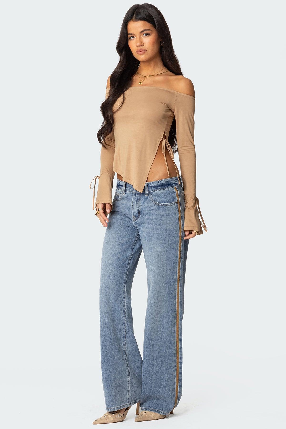 Faux Suede Stripe Low Rise Jeans Product Image