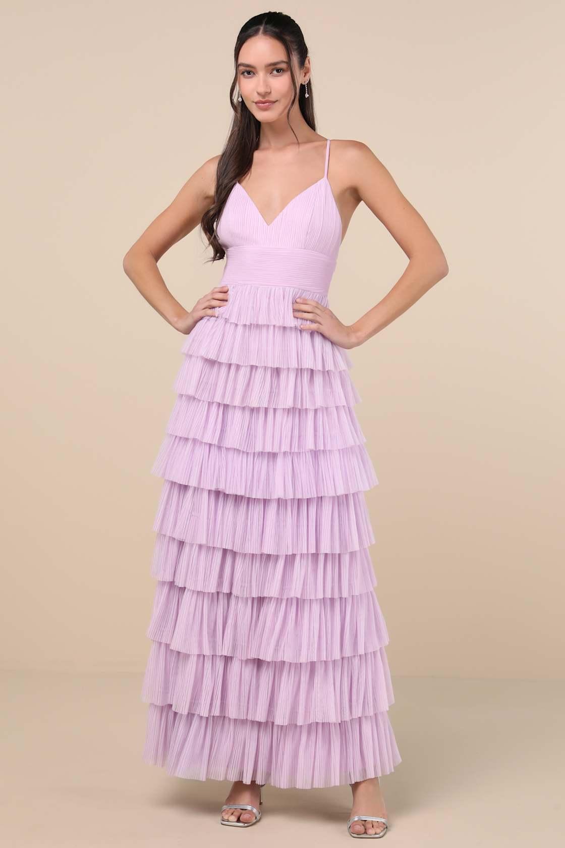 Radiant Event Lavender Mesh Tiered Ruffled Backless Maxi Dress Product Image