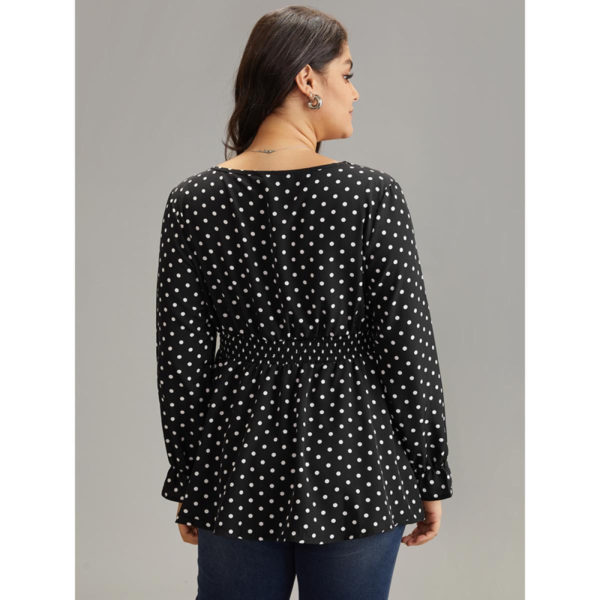 Plus Size Black Polka Dot Lace Up Shirred Flutters Blouse Women Office Long Sleeve V-neck Work Blouses BloomChic 26/4X Product Image