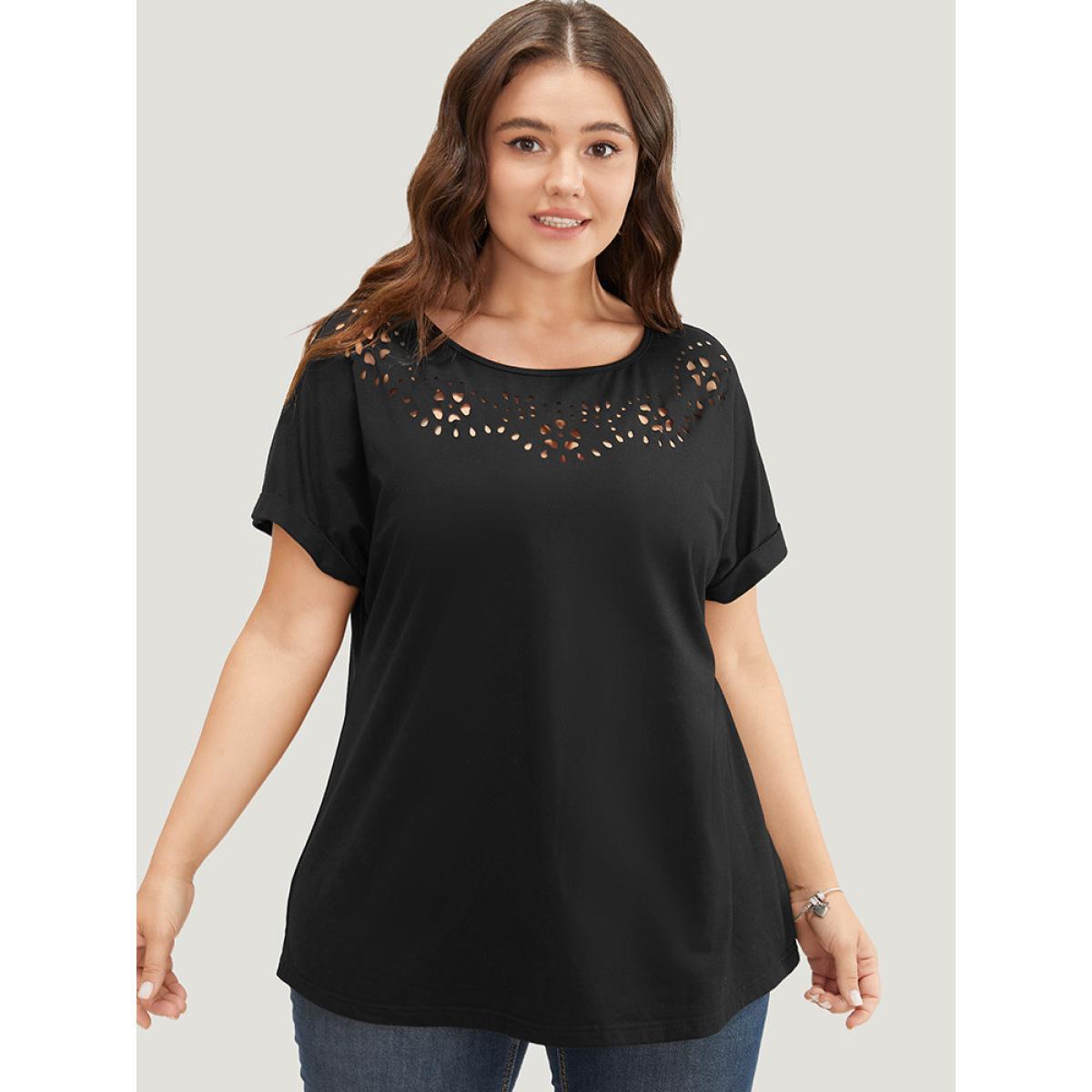Plus Size Solid Roll Batwing Sleeve Laser Cut T-shirt Black Women Elegant Plain Round Neck Dailywear T-shirts BloomChic 14-16/1X Product Image