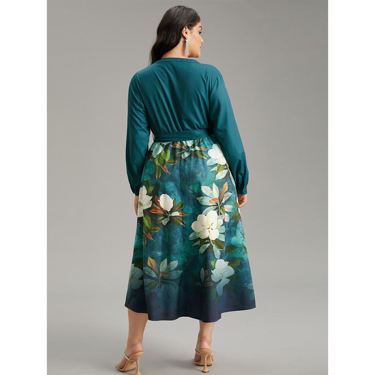 Plus Size Floral Print Patchwork Bleted Pocket Dress Cerulean Women Glamour Belted Notched collar Long Sleeve Curvy Midi Dress BloomChic 18-20/2X Product Image
