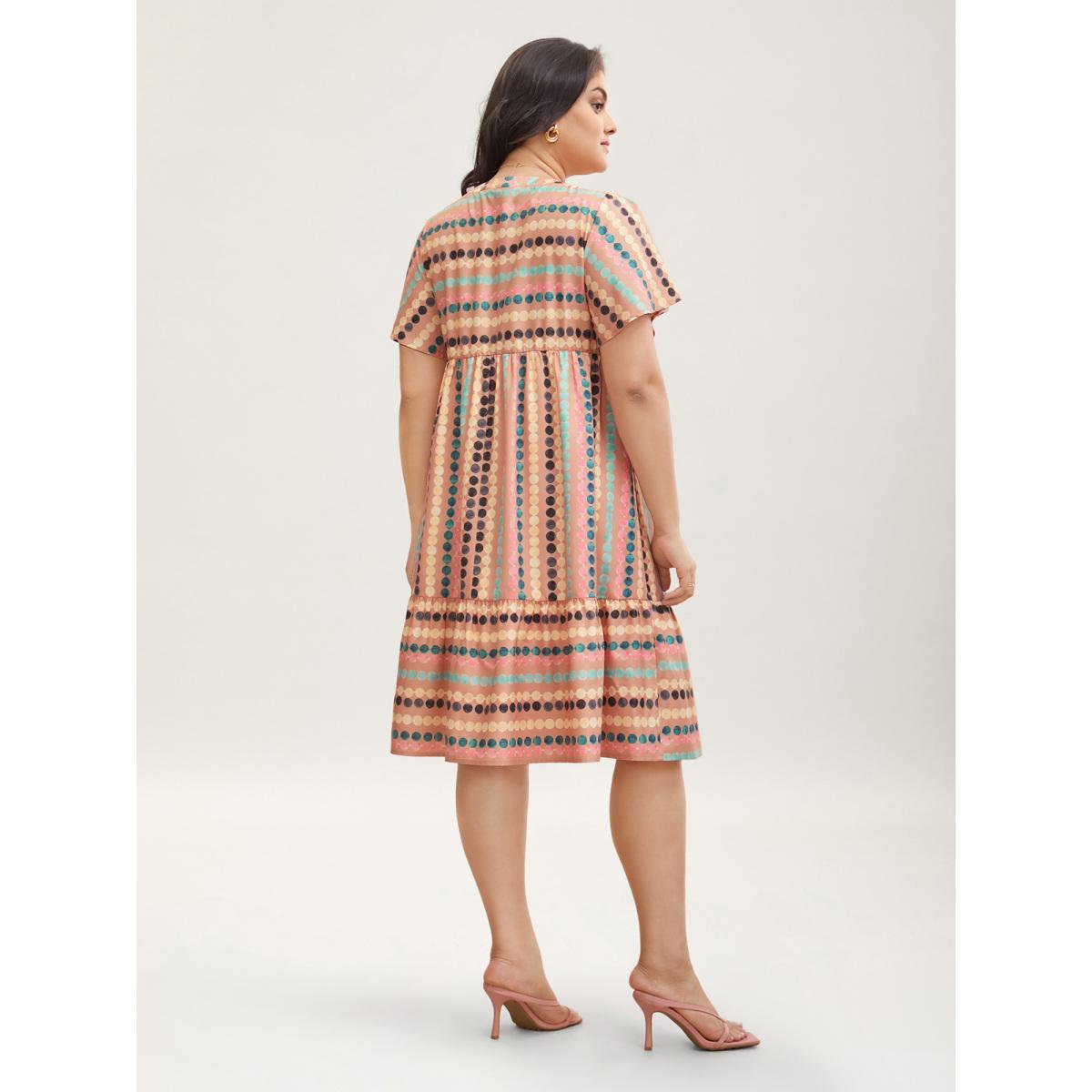 Plus Size Dot Print Elastic Waist Split Neck Midi Dress Coral Women Casual Ruffles Flat collar with V-notch Short sleeve Curvy BloomChic 12/L Product Image