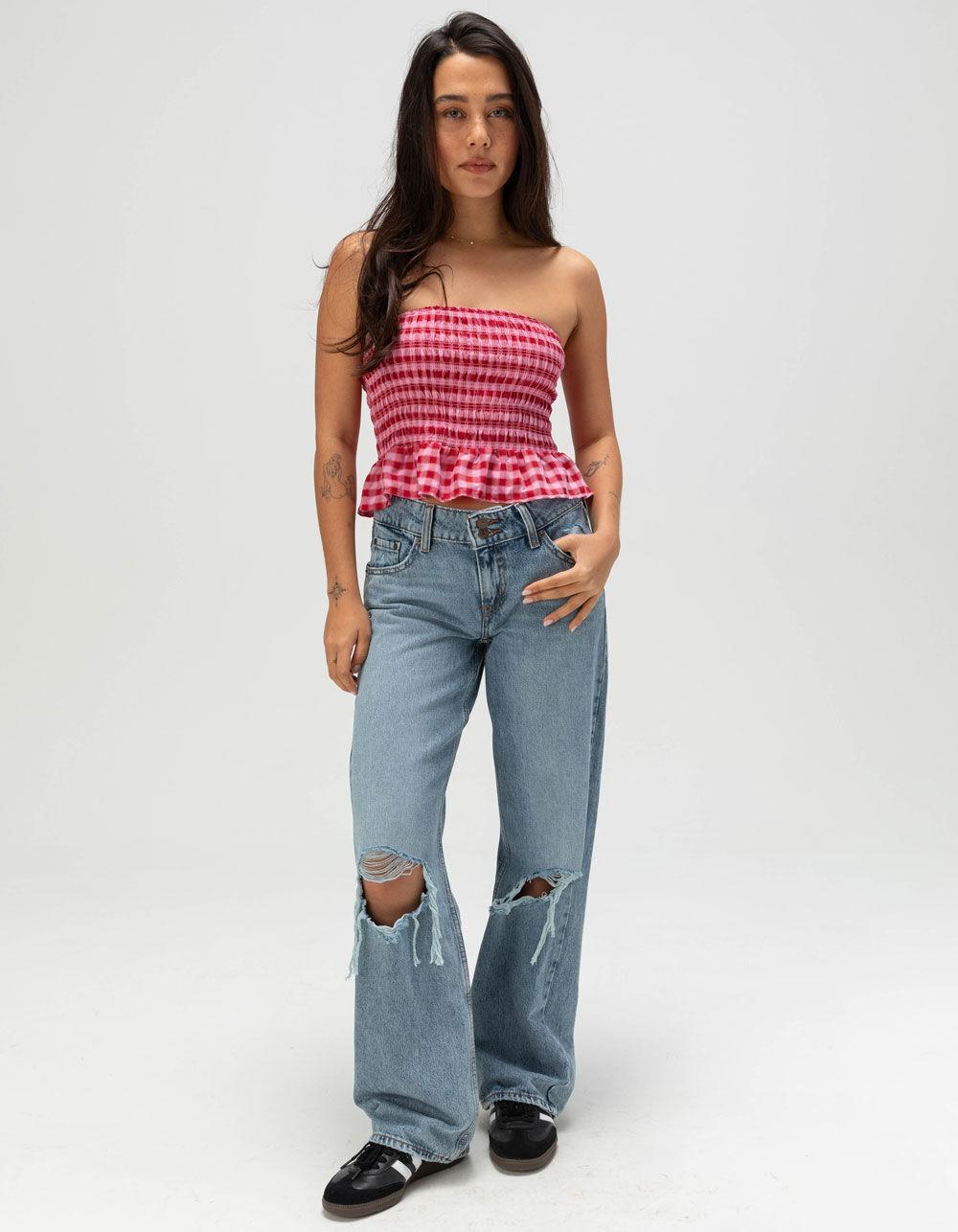 FULL TILT Smocked Plaid Peplum Tube Top Product Image