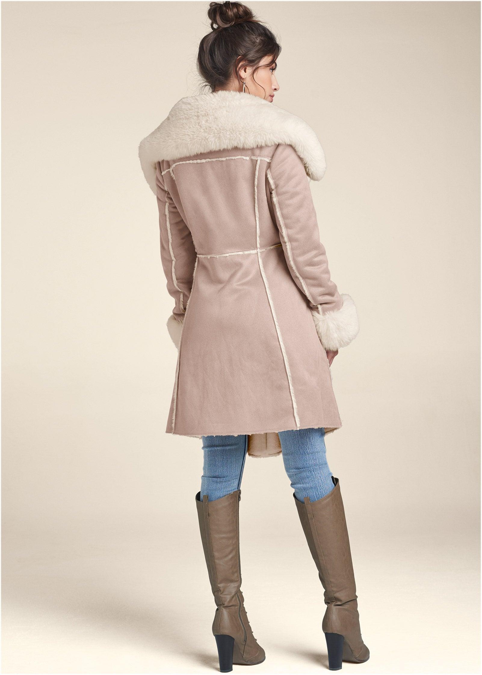 Faux-Suede-And-Fur Coat - Taupe & Off White Product Image