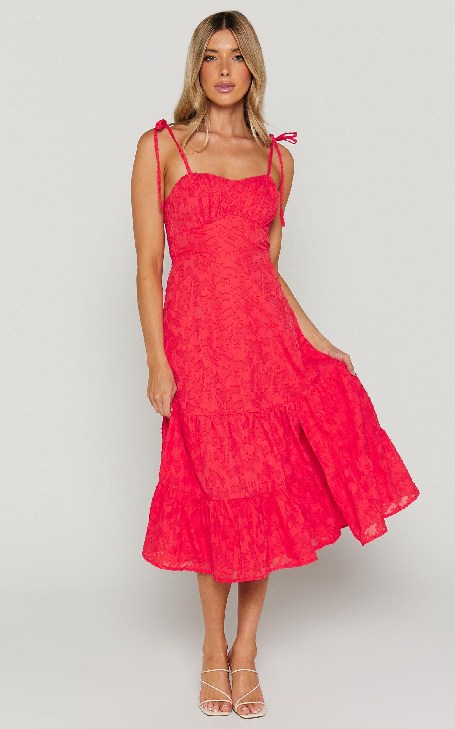 Jovena Midi Dress - Gathered Bodice Tiered Dress in Coral Product Image