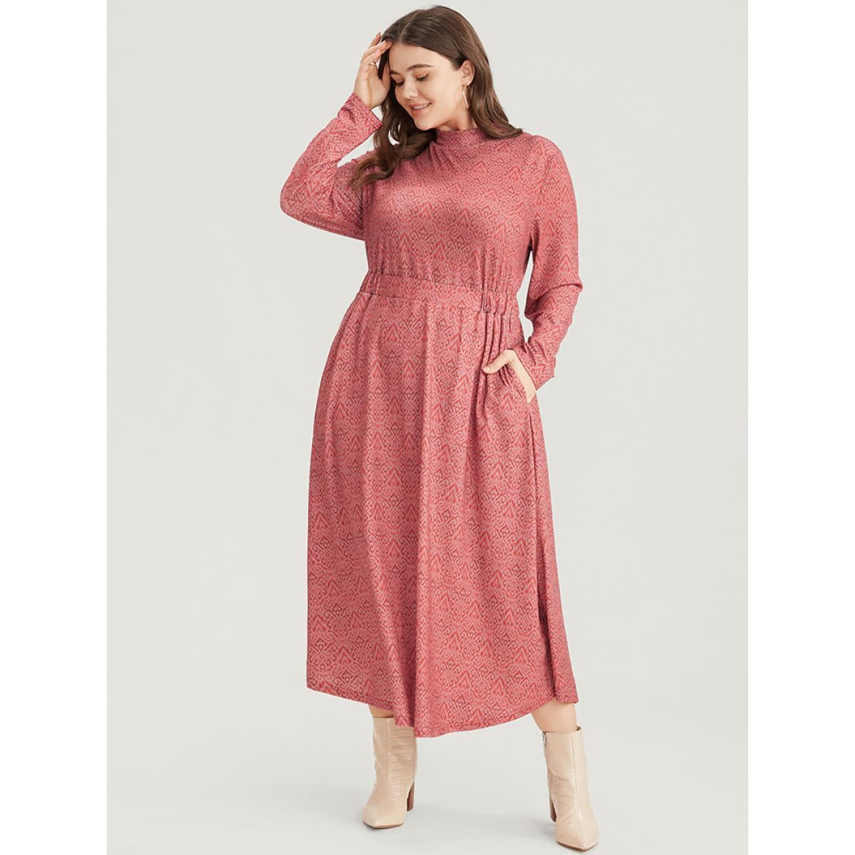 Plus Size Bandana Print Mock Neck Pocket Ruffle Hem Dress Scarlet Women Elegant Elastic Waist Mock Neck Long Sleeve Curvy Midi Dress BloomChic 30/6X Product Image