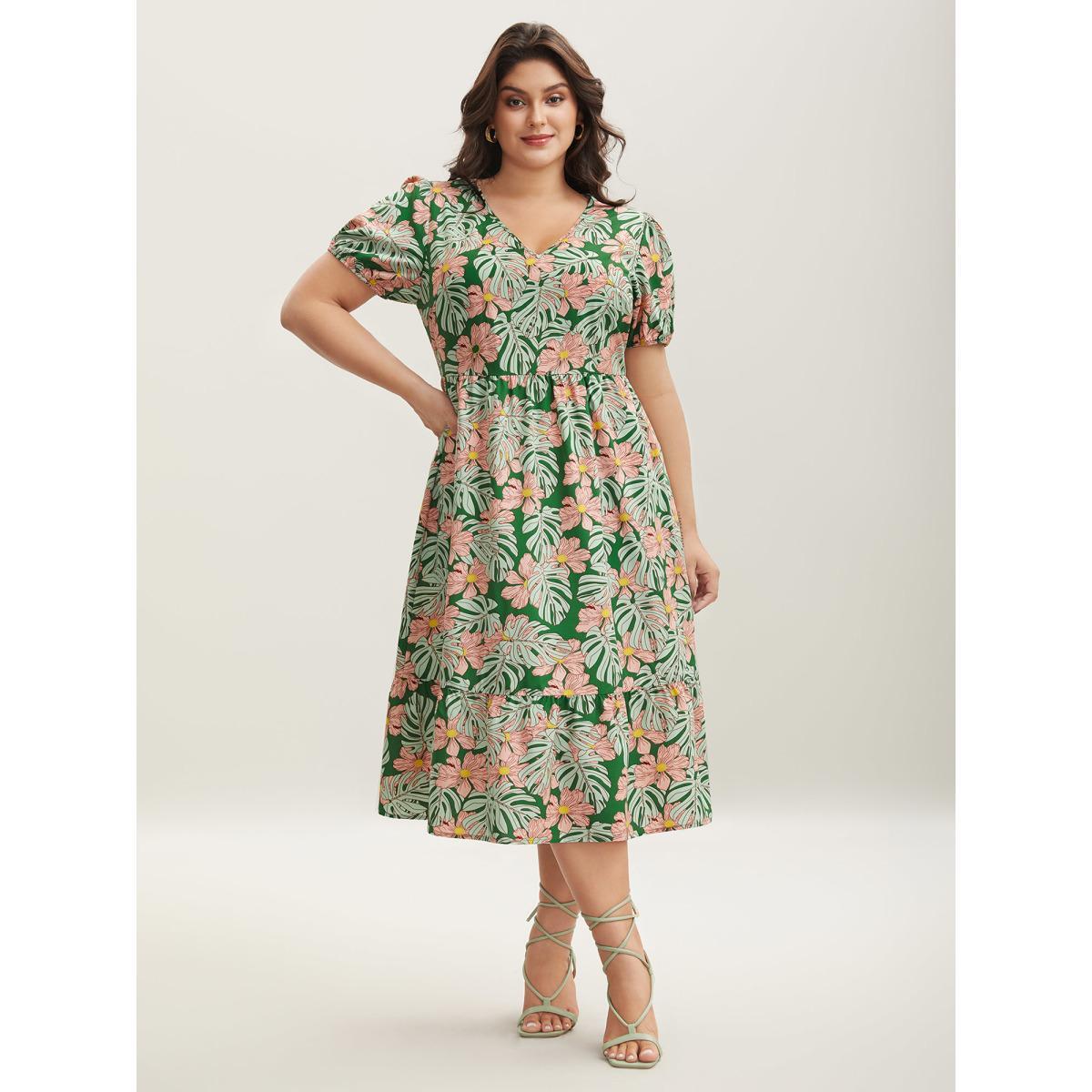 Plus Size Spring Things Printed Pockets Midi Dress Truegreen Women V-neck Short sleeve Curvy BloomChic 12/L Product Image
