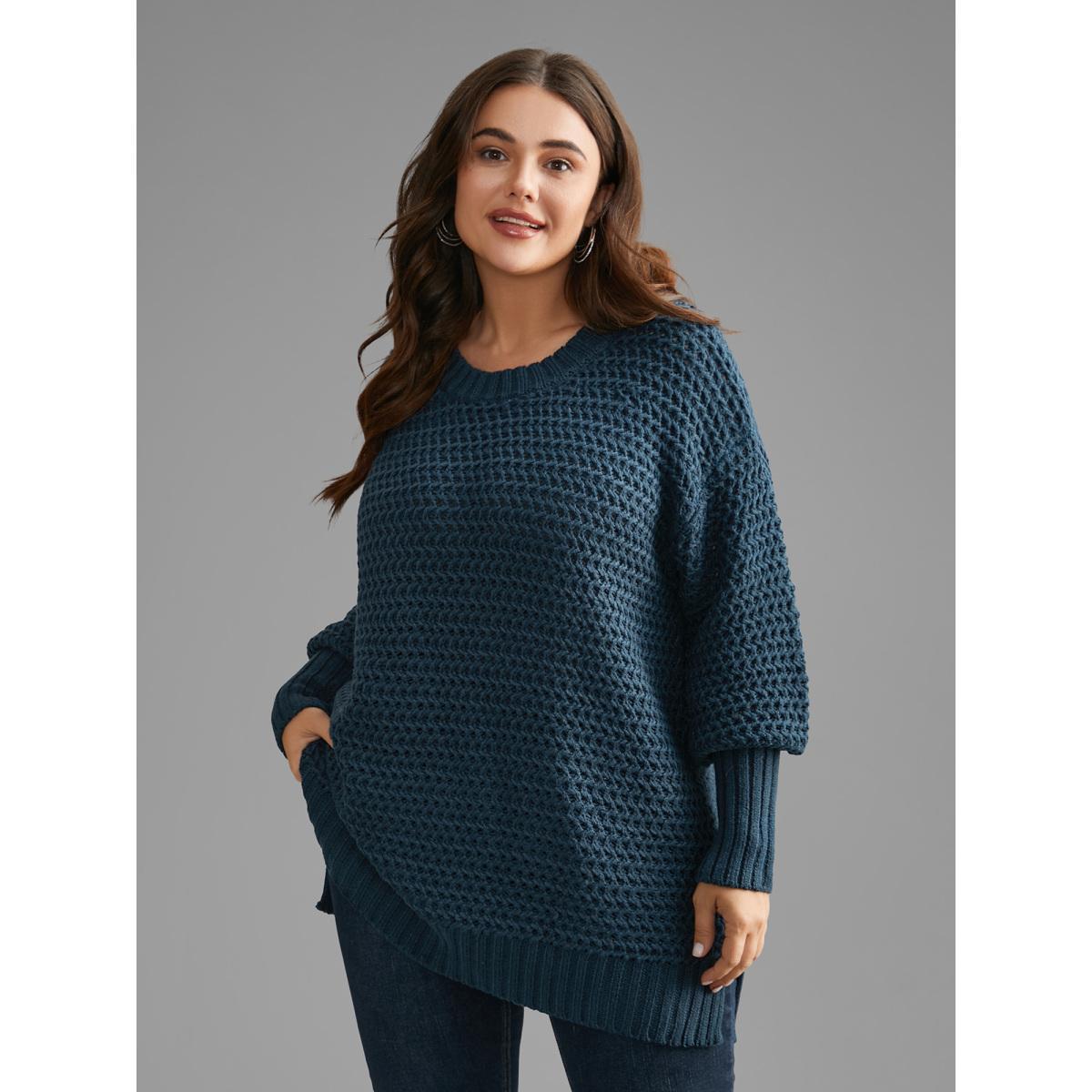 Plus Size Texture Drop Shoulder Split Hem Pullover Cyan Women Casual Loose Long Sleeve Round Neck Everyday Pullovers BloomChic 26/4X Product Image
