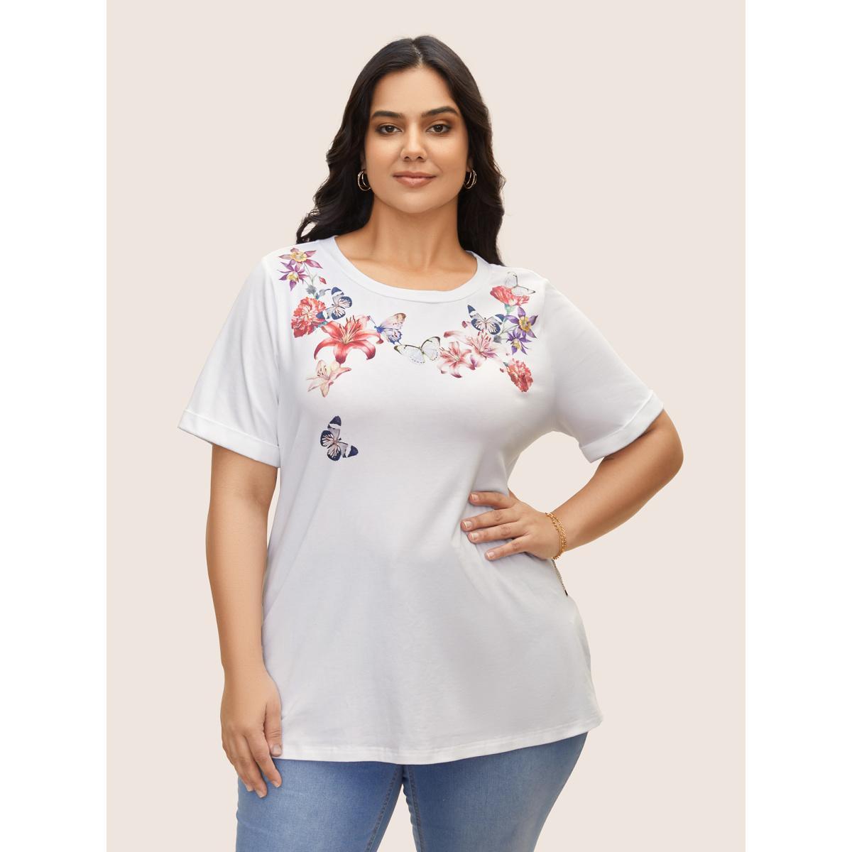 Plus Size Cotton Natural Flowers Print Round Neck T-shirt Originalwhite Women Elegant Contrast Natural Flowers Round Neck Everyday T-shirts BloomChic 30/6X Product Image