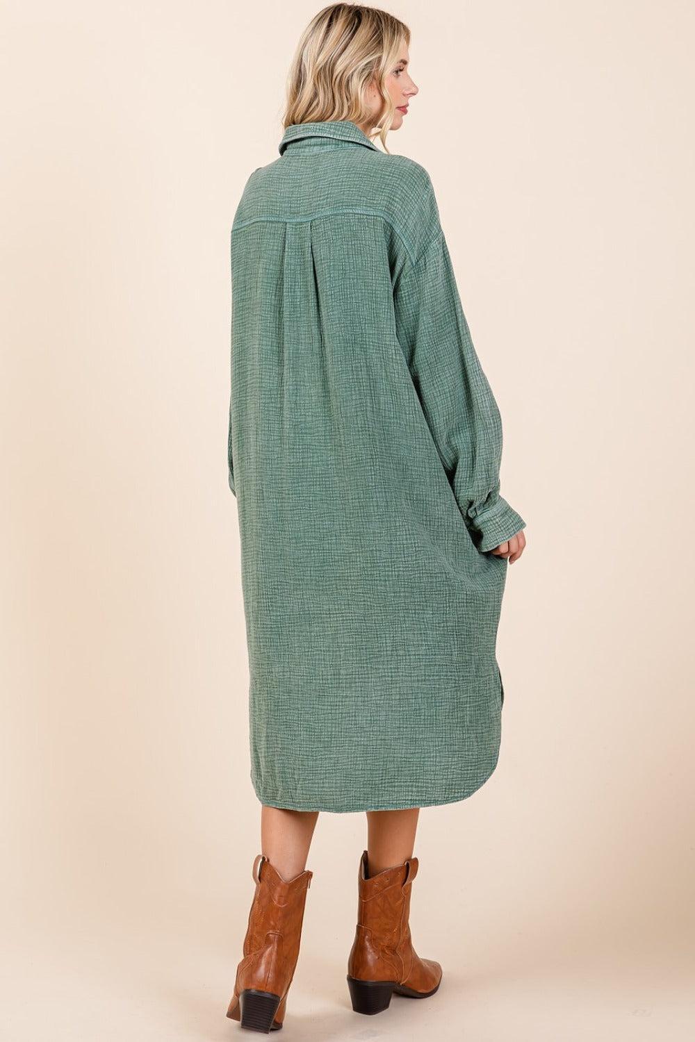Mineral Wash Cotton Gauze Midi Shirt Dress Product Image