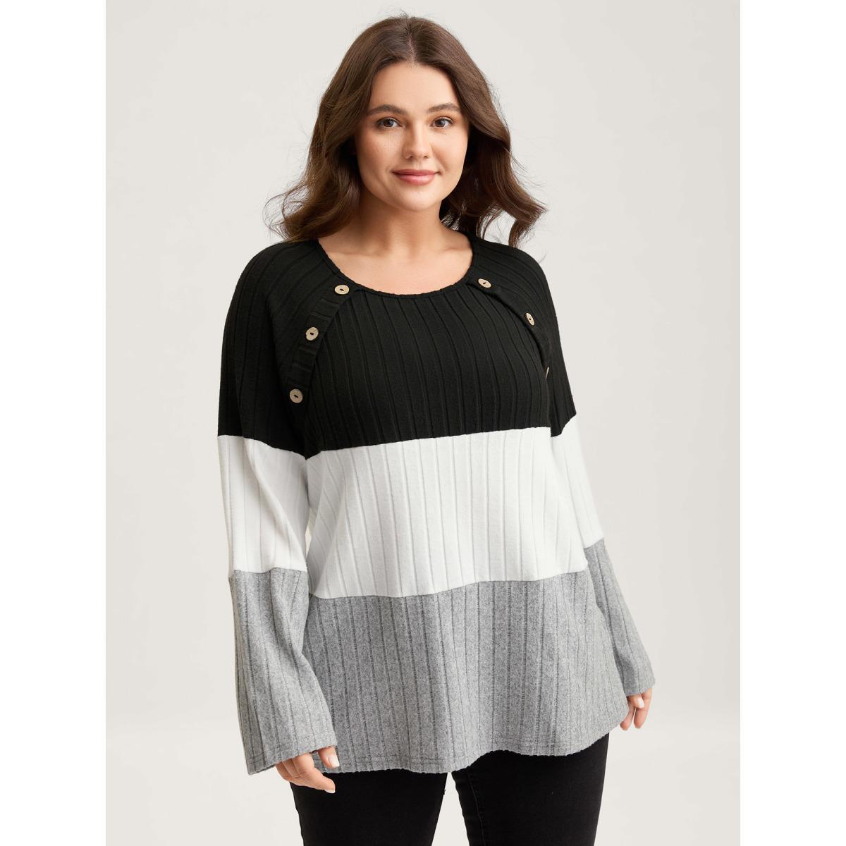Plus Size Monochrome Stripes Shoulder Button T-Shirt Black Women Texture Round Neck Everyday-Casual T-shirts BloomChic 22-24/3X Product Image