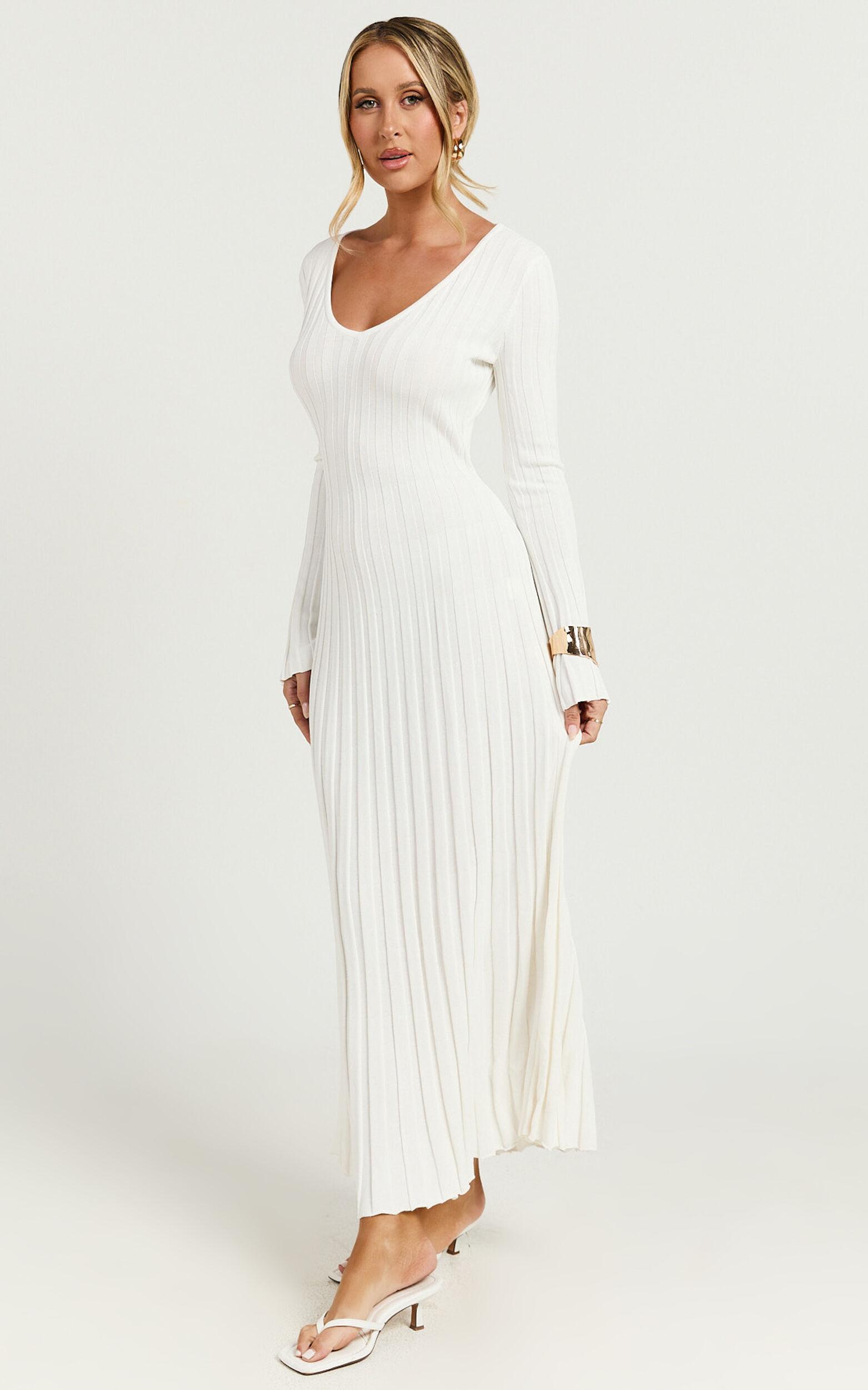 Astra Maxi Dress - V Neck Long Sleeve Knit Dress in White Product Image