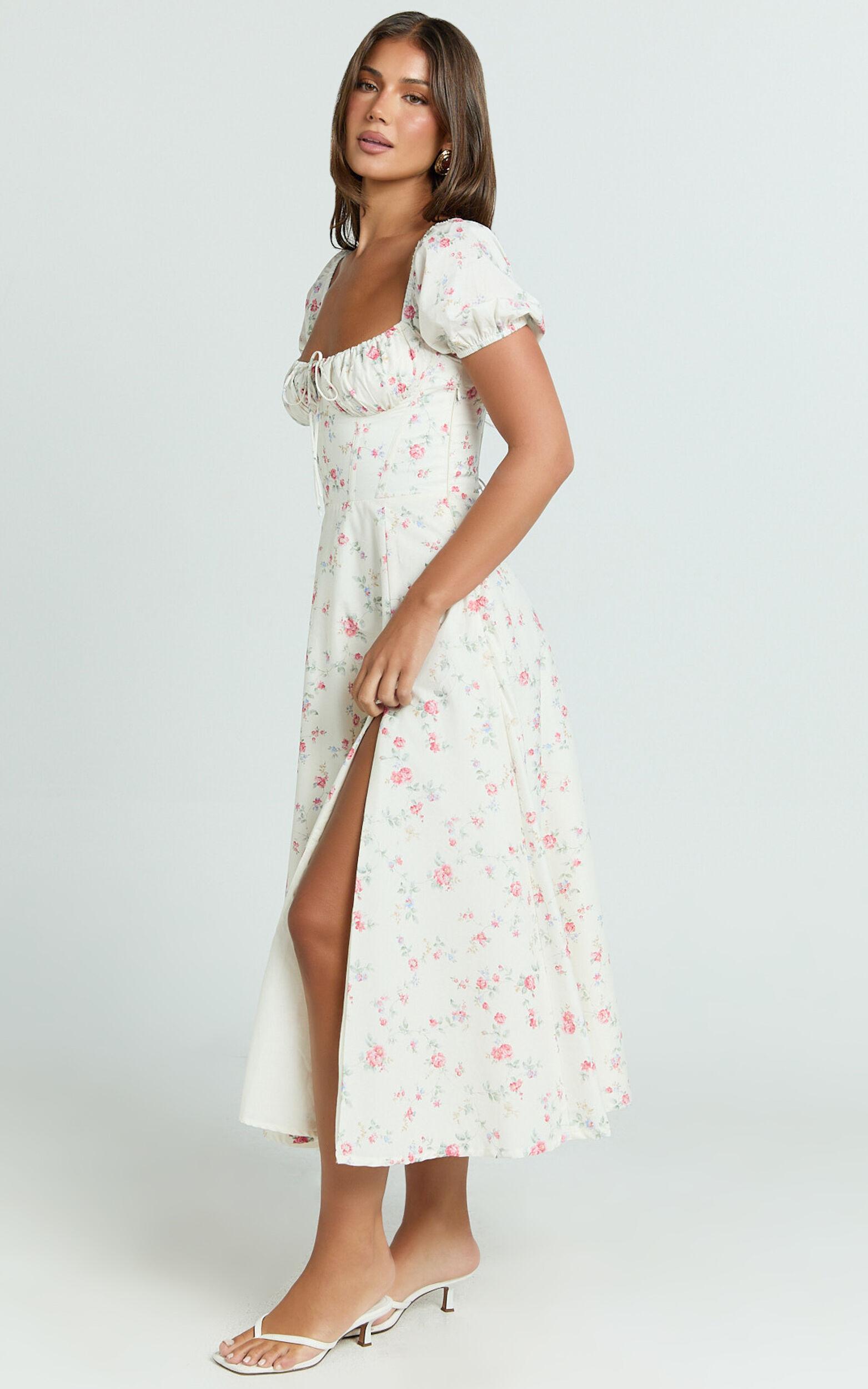Imani Midi Dress - Puff Sleeve Square Neck Circle Skirt Dress in Cream Product Image