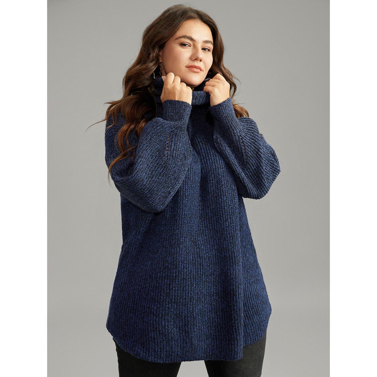 Plus Size Turtle Neck Belted Drop Shoulder Pullover Navy Women Casual Loose Long Sleeve Lapel Collar Dailywear Pullovers BloomChic 12/L Product Image