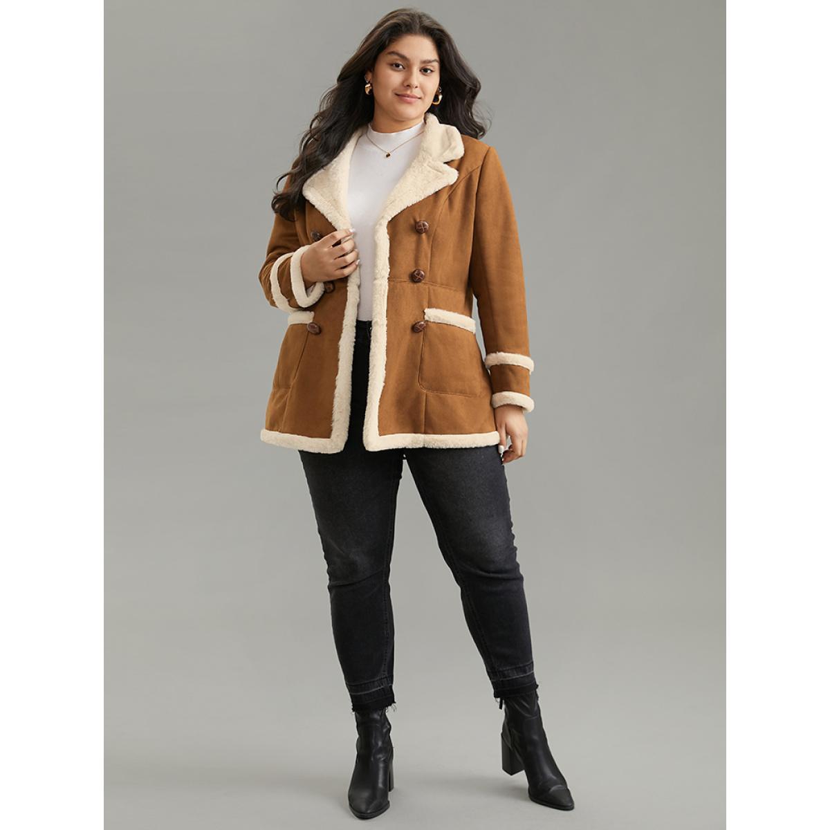 Plus Size Faux Suede Buckle Detail Fuzzy Trim Coat Women Chocolate Casual Lined Ladies Dailywear Winter Coats BloomChic 10/M Product Image