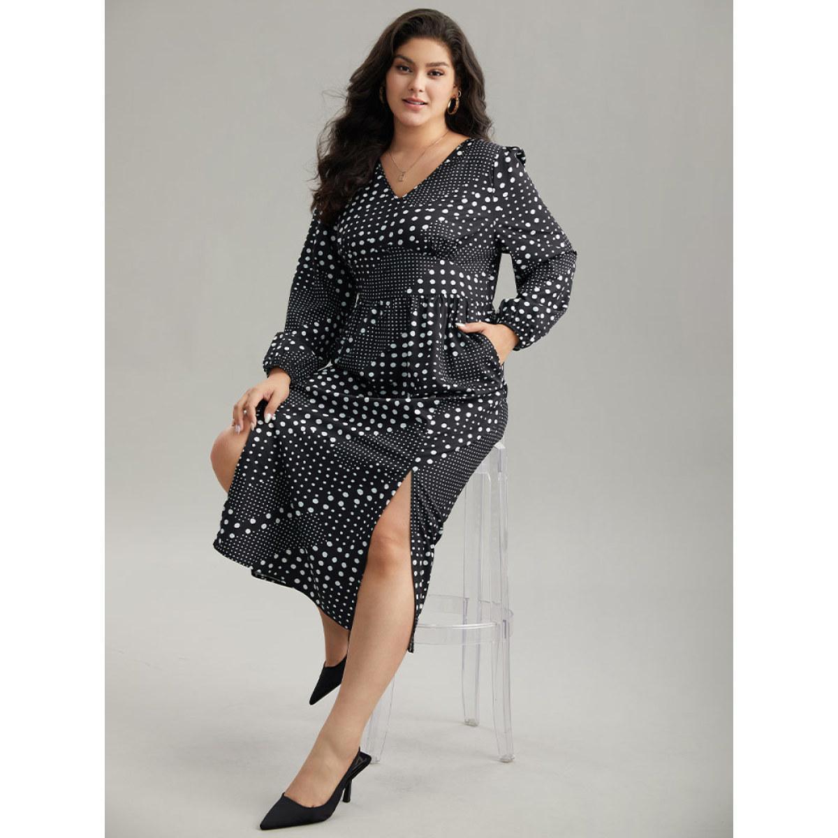 Plus Size Polka Dot Elastic Waist Split Hem Dress Black Women At the Office Pleated V-neck Long Sleeve Curvy Midi Dress BloomChic 28/5X Product Image