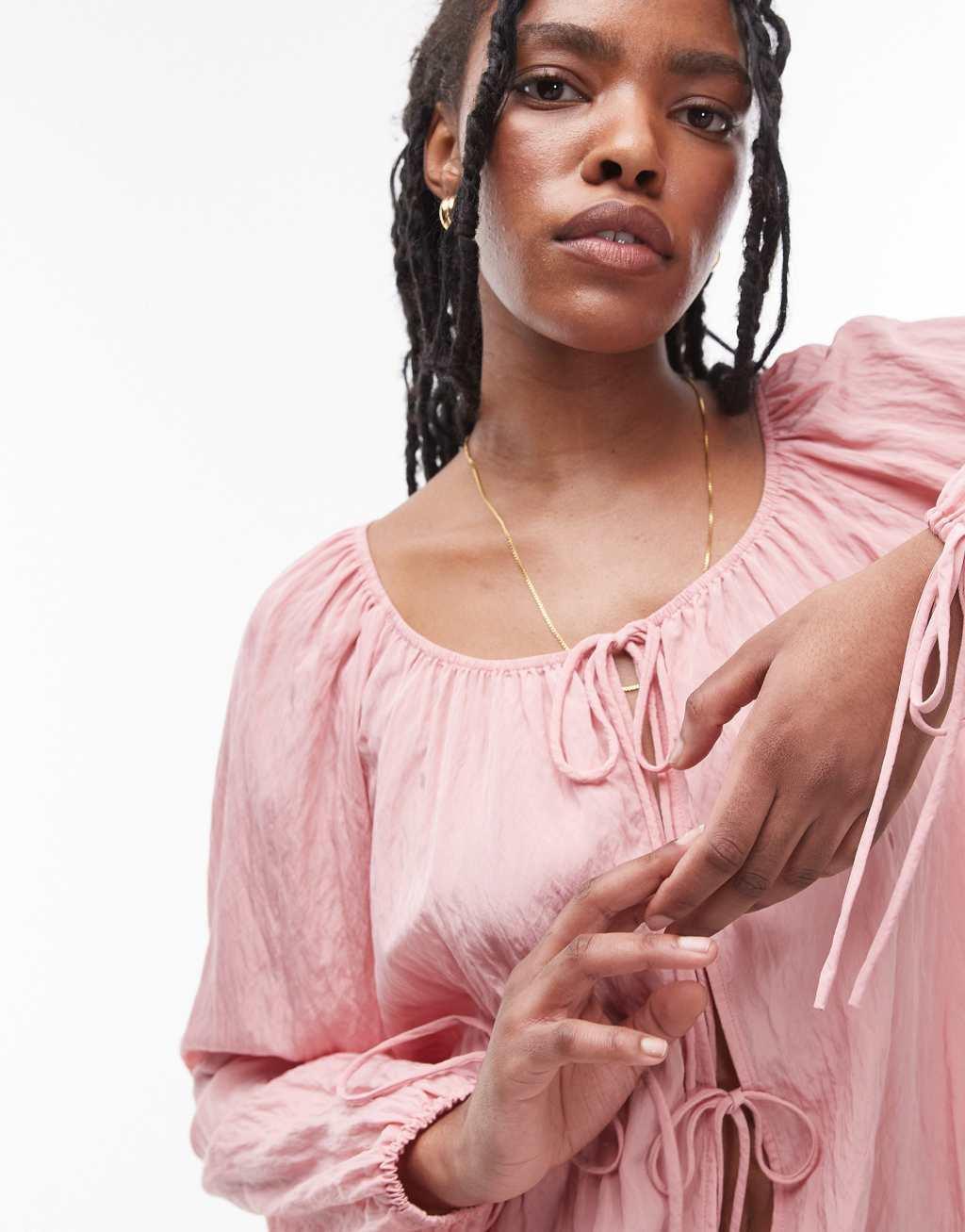 Topshop ruched neck tie front top in pink Product Image