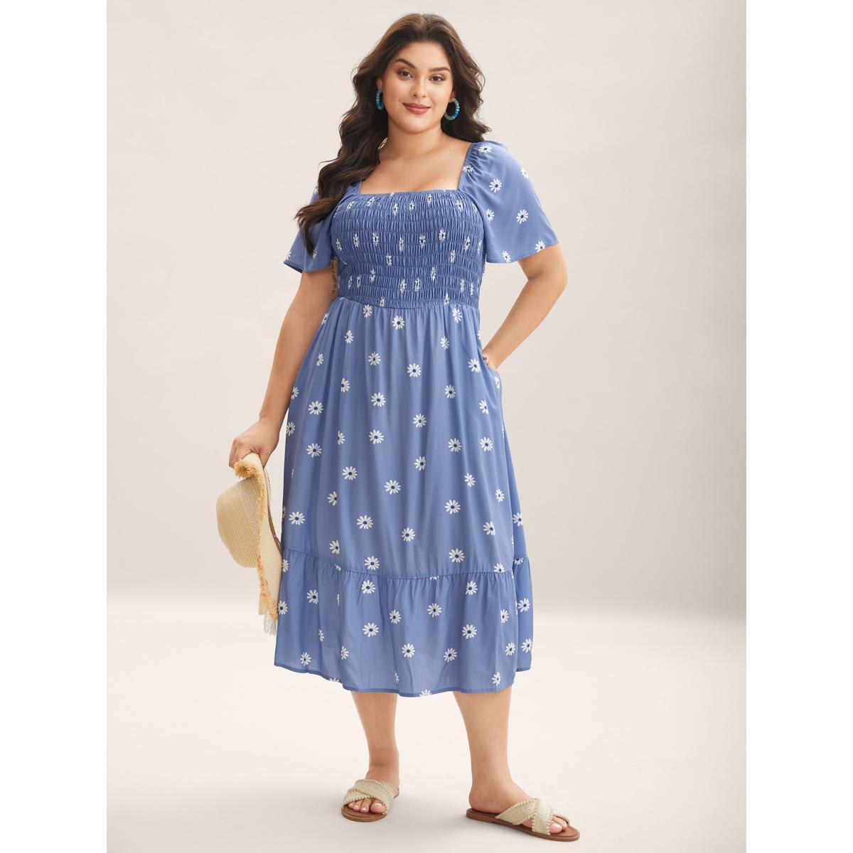 Plus Size Rayon Floral Shirred Midi Dress Mediumblue Women Square Neck Short sleeve Curvy BloomChic 10/M Product Image