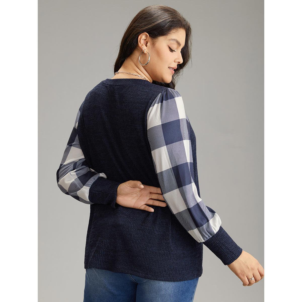 Plus Size Rib Knit Plaid Patchwork Plisse Sweatshirt Women Indigo Casual Heather Round Neck Dailywear Sweatshirts BloomChic 18-20/2X Product Image