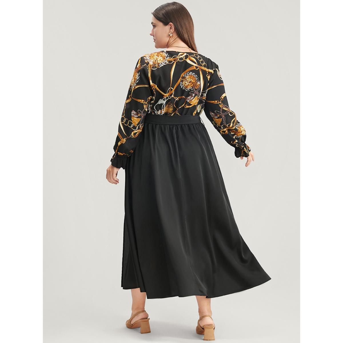 Plus Size Chain Print V Neck Pocket Lantern Sleeve Belted Split Dress Black Women Elegant Pocket V-neck Long Sleeve Curvy Midi Dress BloomChic 26/4X Product Image