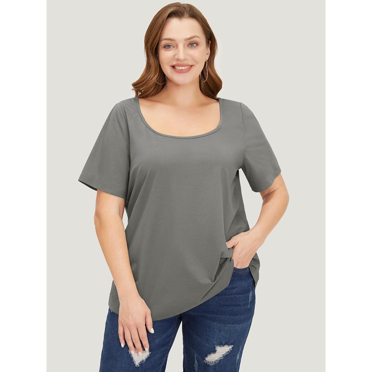 Plus Size UltraCool Plain Short Sleeve Scoop Neck T-shirt DimGray Women Basics Plain Scoop Neck Dailywear T-shirts BloomChic 22-24/3X Product Image