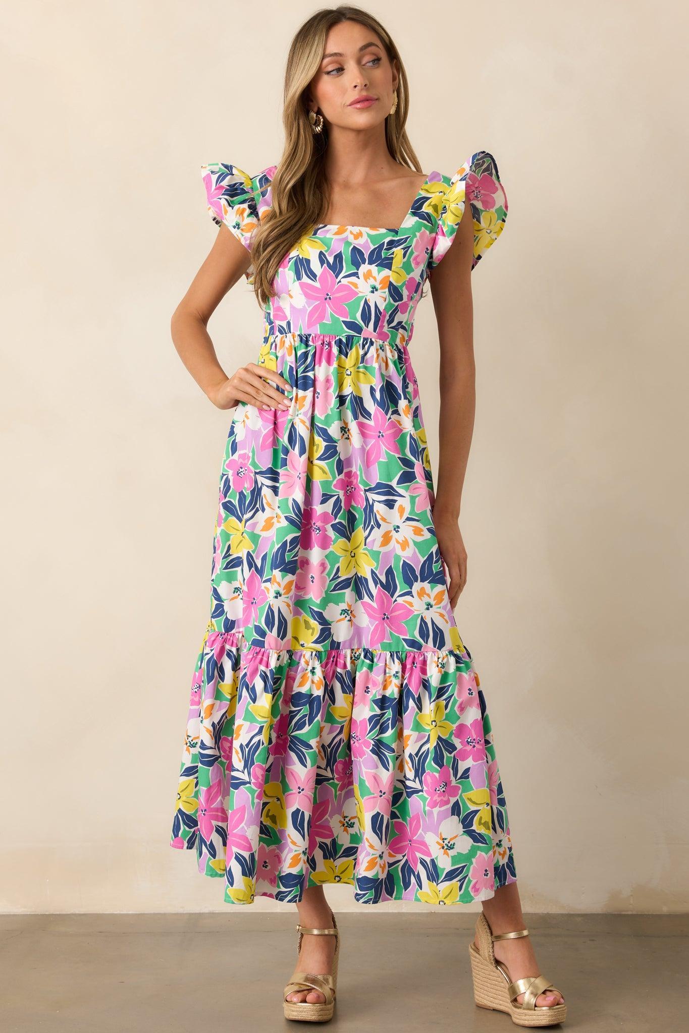Blooming Shores Pink Tropical Floral Flutter Sleeve Maxi Dress Product Image