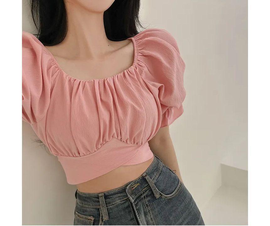 Short-Sleeve Square Neck Plain Crop Blouse Product Image