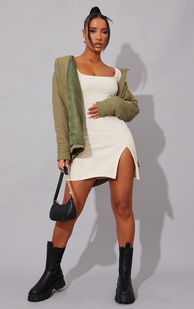 Cream Rib Split Hem Square Neck Long Sleeve Bodycon Dress Product Image
